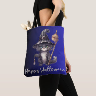 Black Cat Witch's Hat Broom Blue Happy Halloween Tote Bag