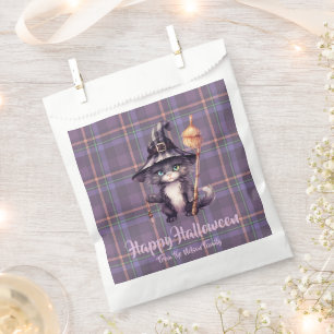 Black Cat Witch's Hat Purple Plaid Happy Halloween Favour Bags