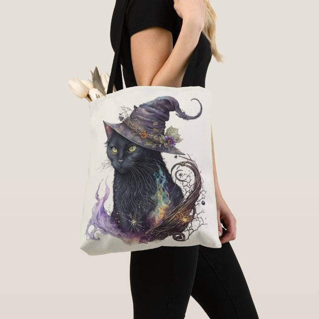 Black Cat Witch's Hat Yellow Halloween Tote Bag (Close Up)