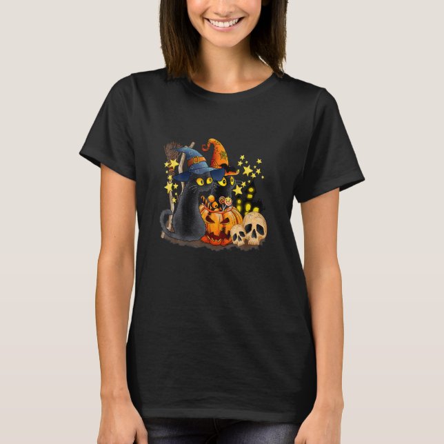 Black Cat Witchy Broom Pumpkin Skull Retro Hallowe T-Shirt (Front)
