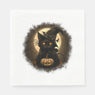 Black Cat Witchy Pumpkin Moon Spooky Halloween Wom Napkin