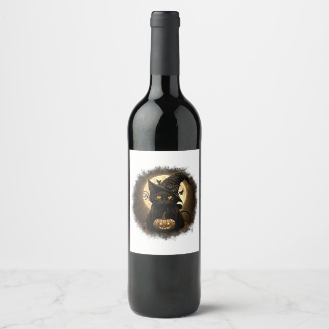 Black Cat Witchy Pumpkin Moon Spooky Halloween Wom Wine Label (Front)