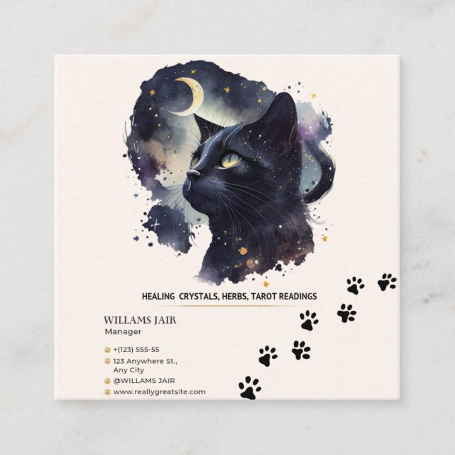 Black Cat Witchy Square Business Card (Front)