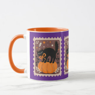 Black cat with a bow on a Halloween Pumpkin Stramp Mug
