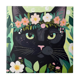 Black cat with a floral crown tile