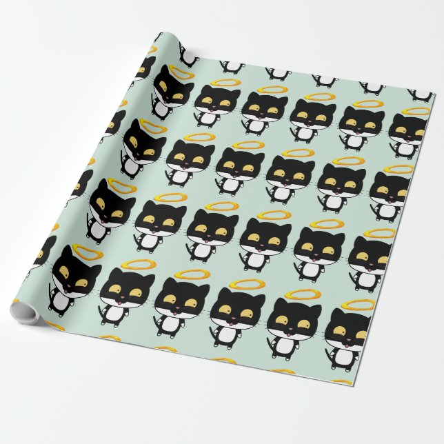 Black Cat With A Golden Halo Cute Cartoon Drawing Wrapping Paper (Unrolled)