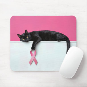 Black Cat with a Pink Ribbon Cancer Symbol Mouse Mat