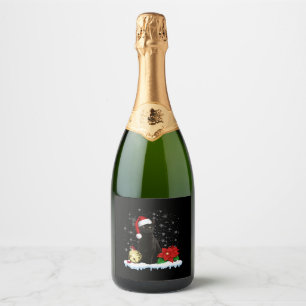 Black Cat With A Santa Hat Christmas Cat Costume Sparkling Wine Label