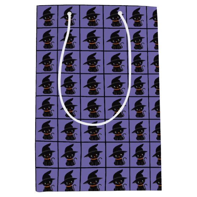 Black Cat With A Witch Hat Halloween Medium Gift Bag (Front)