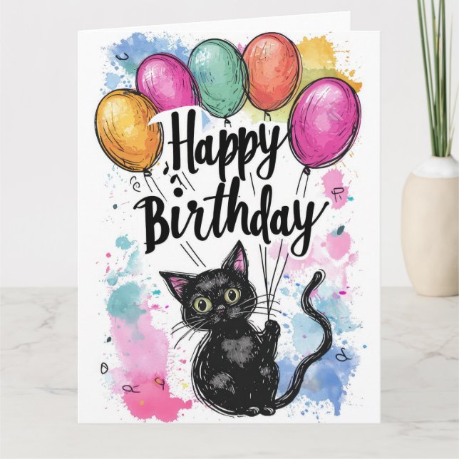Black Cat with Balloons Card (Front)
