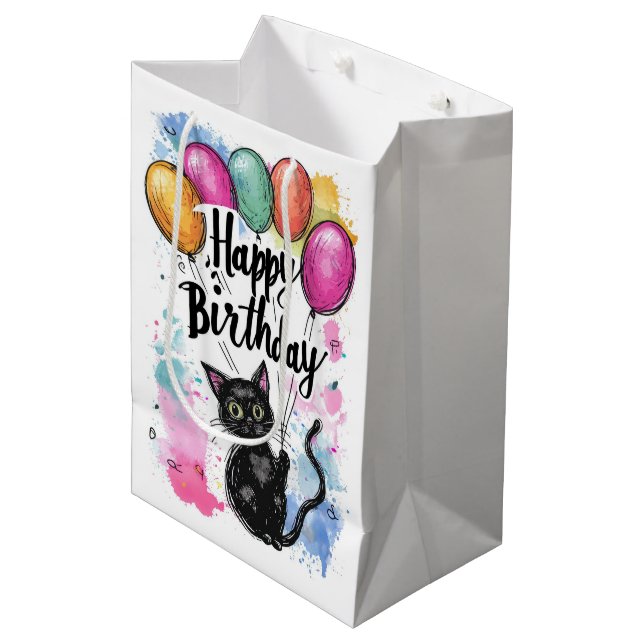 Black Cat with Balloons Medium Gift Bag (Front Angled)