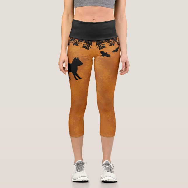 Black Cat with Bat Capri Leggings (Front)