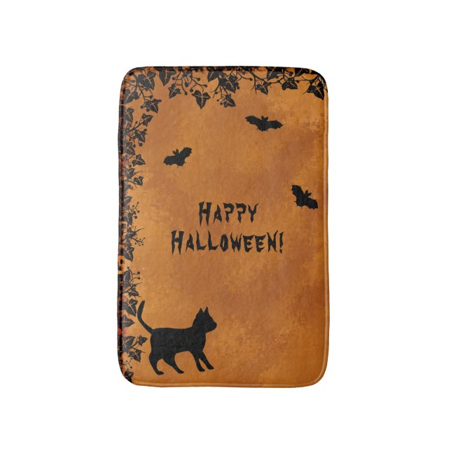 Black Cat with Bat , Happy Halloween Bath Mat (Front Vertical)