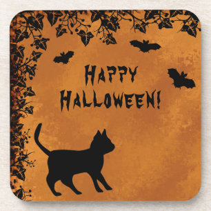 Black Cat with Bat , Happy Halloween Coaster