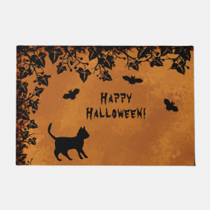 Black Cat with Bat , Happy Halloween Doormat