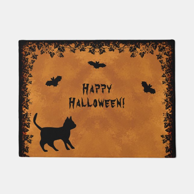 Black Cat with Bat , Happy Halloween Doormat (Front)