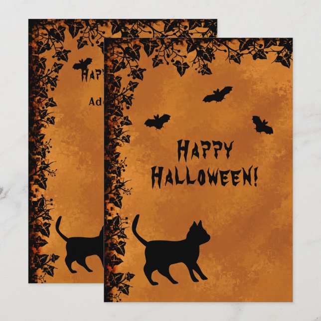 Black Cat with Bat , Happy Halloween Invitation (Front/Back)