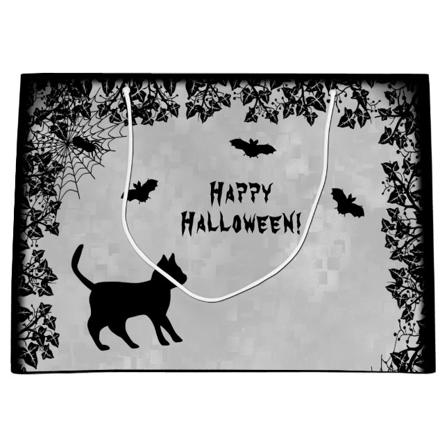 Black Cat with Bat , Happy Halloween! Large Gift Bag (Front)