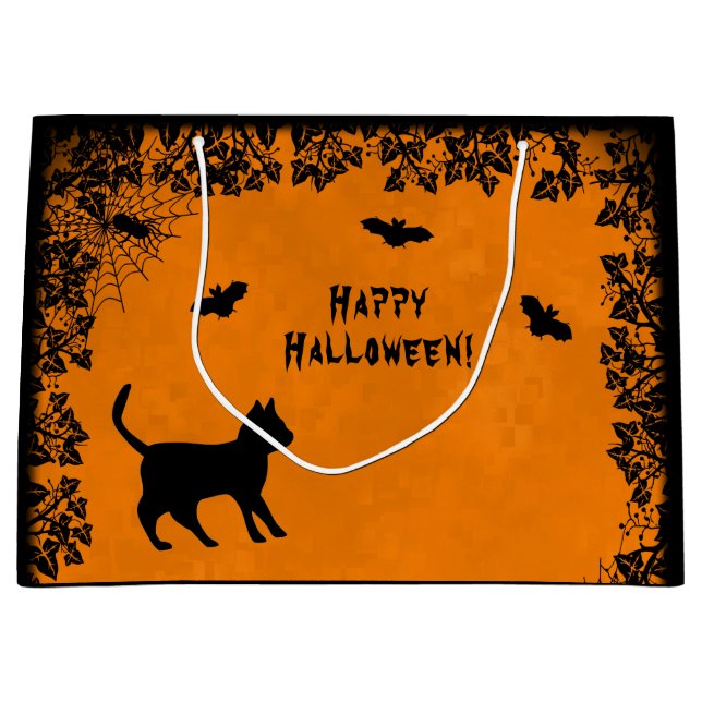 Black Cat with Bat , Happy Halloween! Large Gift Bag (Front)