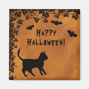 Black Cat with Bat , Happy Halloween Magnet