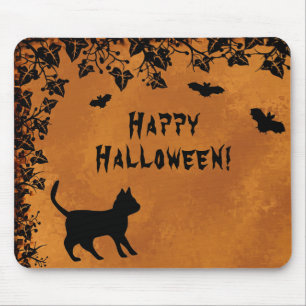 Black Cat with Bat , Happy Halloween Mouse Mat