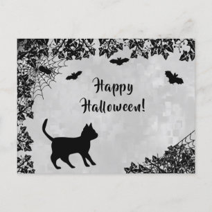Black Cat with Bat , Happy Halloween Postcard