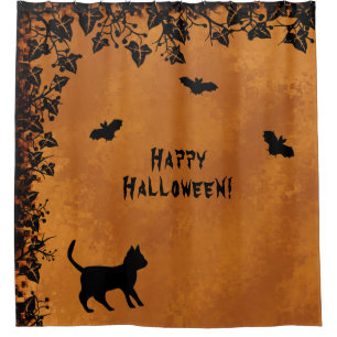 Black Cat with Bat , Happy Halloween Shower Curtain