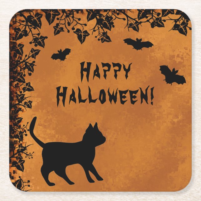 Black Cat with Bat , Happy Halloween Square Paper Coaster (Front)