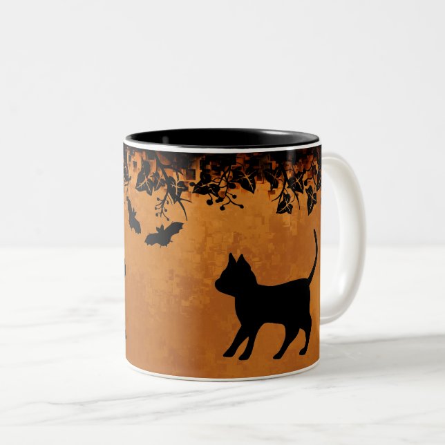 Black Cat with Bat , Happy Halloween Two-Tone Coffee Mug (Front Right)