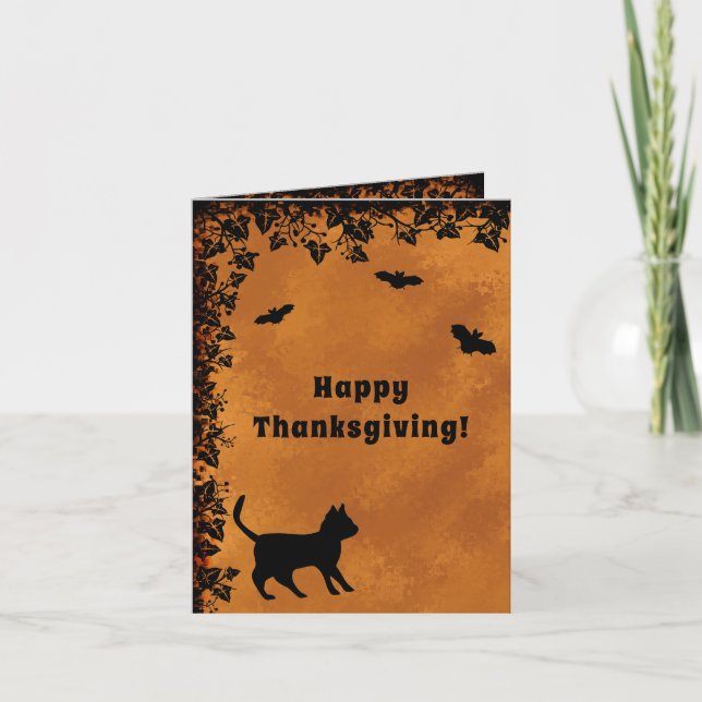 Black Cat with Bat , Happy Thanksgiving Card (Front)