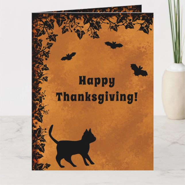 Black Cat with Bat , Happy Thanksgiving Card (Front)