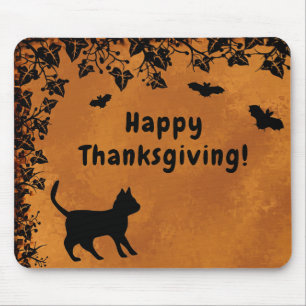 Black Cat with Bat , Happy Thanksgiving Mouse Mat