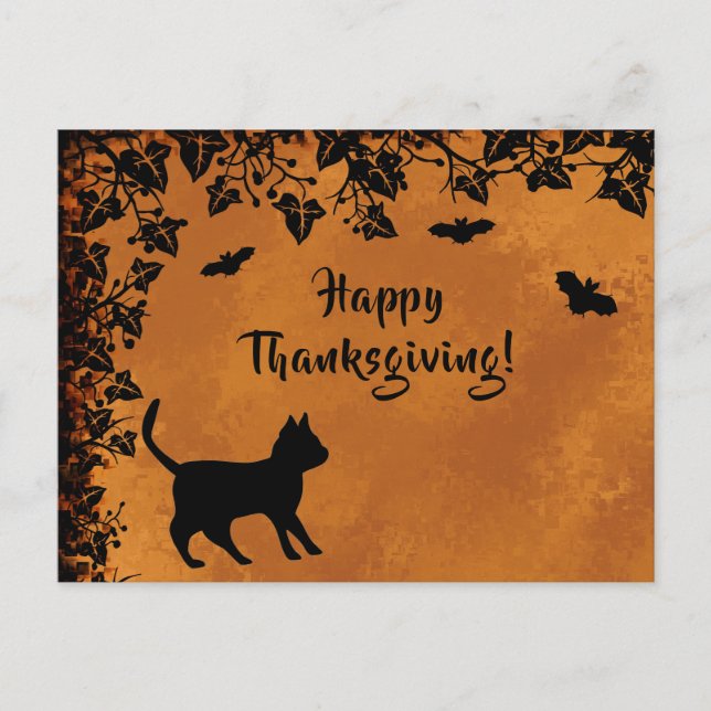 Black Cat with Bat , Happy Thanksgiving Postcard (Front)