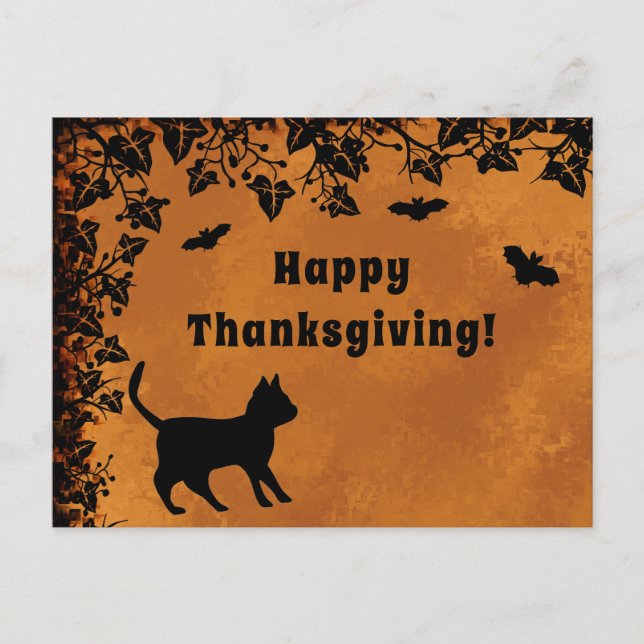 Black Cat with Bat , Happy Thanksgiving Postcard (Front)