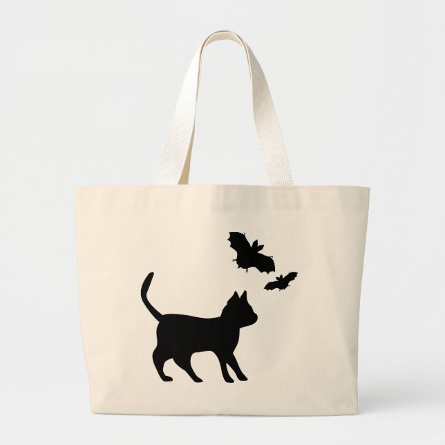 Black Cat with Bat Large Tote Bag (Front)