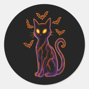 Black Cat With Bats Halloween Design Classic Round Sticker