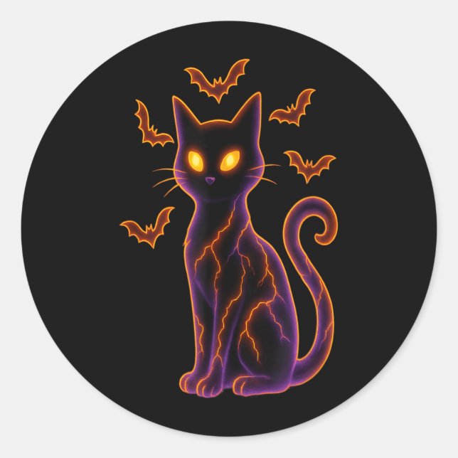 Black Cat With Bats Halloween Design Classic Round Sticker (Front)