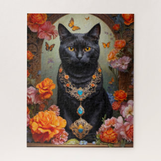 Black Cat with Beautiful Jewellery and Flowers Jigsaw Puzzle