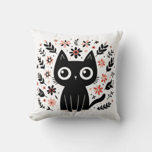 Black Cat with Big Eyes and Flowers Cushion