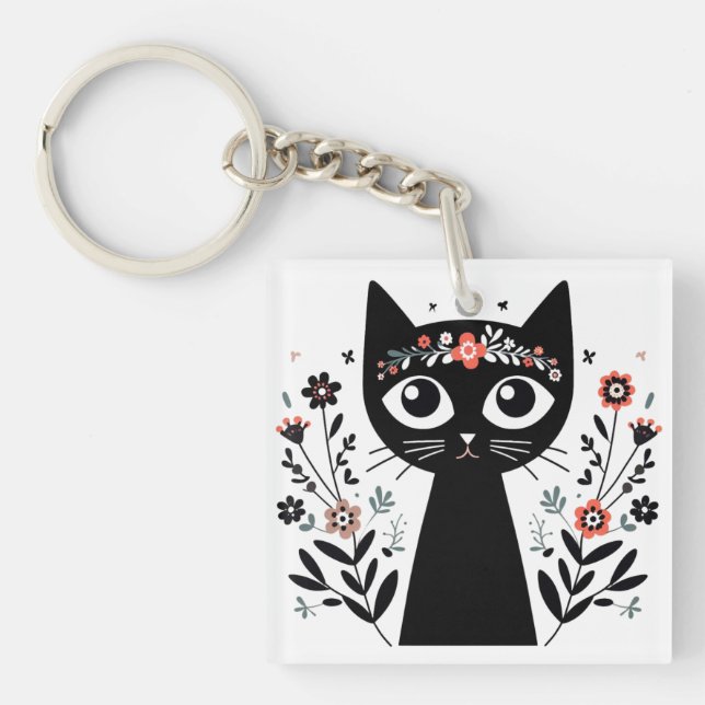 Black Cat with Big Eyes Surrounded by Flowers Key Ring (Front)