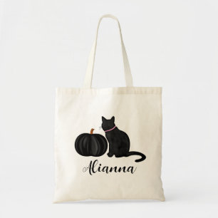 Black Cat With Black Pumpkin Custom Name Tote Bag