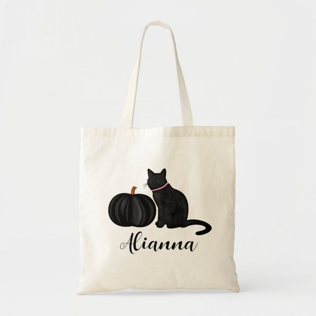 Black Cat With Black Pumpkin Custom Name Tote Bag (Front)