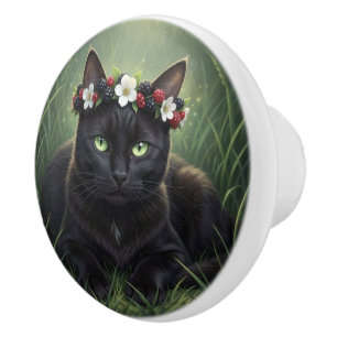 Black Cat with Blackberry and Blossom Crown Ceramic Knob
