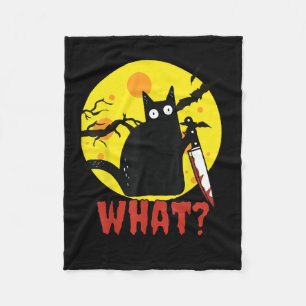 Black Cat with Bloody Knife Saying What_ Funny Mur Fleece Blanket