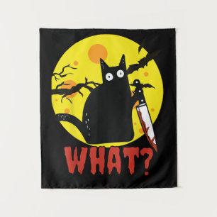 Black Cat with Bloody Knife Saying What_ Funny Mur Tapestry