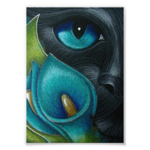 BLACK CAT with BLUE/AQUA CALLA LILY FLOWERS PRINT
