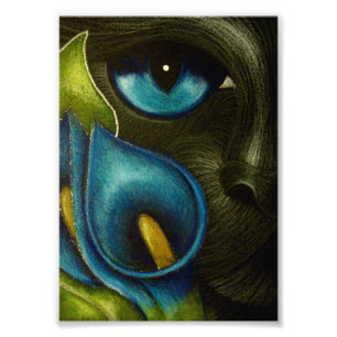 BLACK CAT with BLUE CALLA LILY FLOWERS PRINT