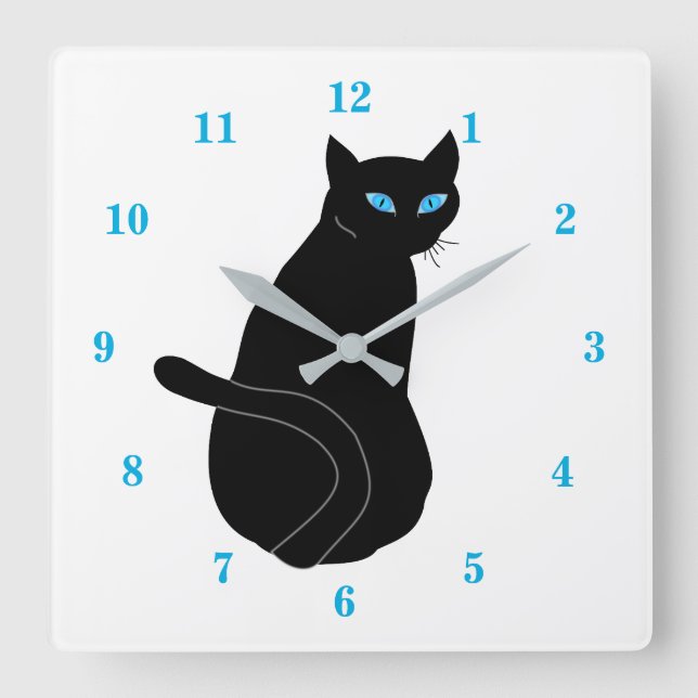 Black Cat With Blue Eyes Square Wall Clock (Front)