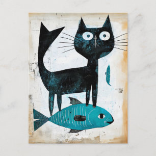 Black Cat with Blue Fish Postcard