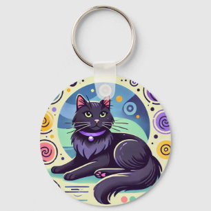 Black Cat with Brightly Coloured Background Key Ring